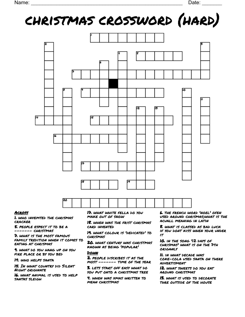 Christmas Crossword hard WordMint Worksheets Library