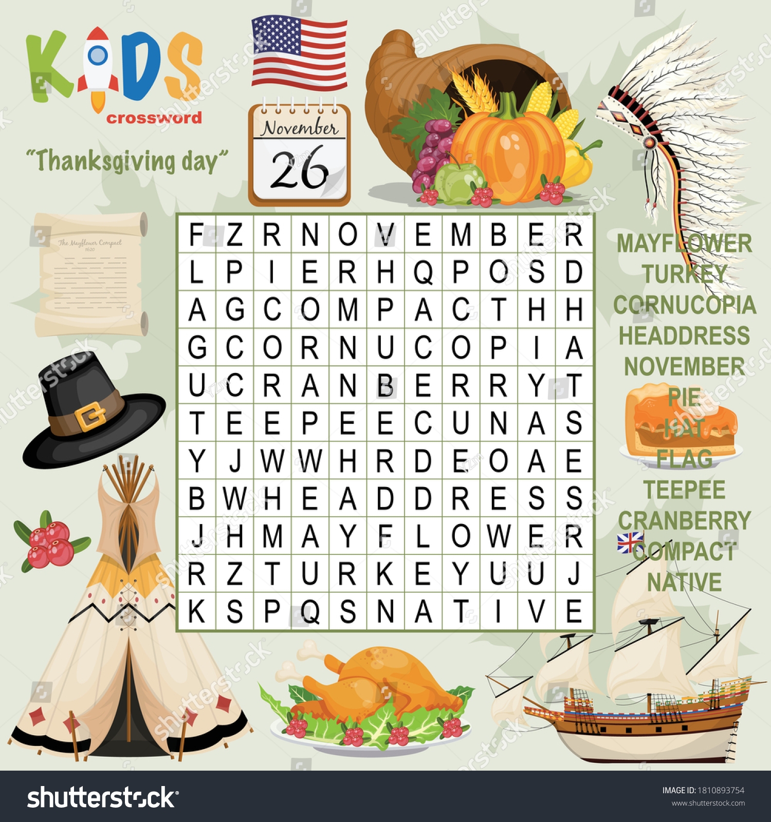 Easy Word Search Crossword Puzzle Thanksgiving Stock Vector 
