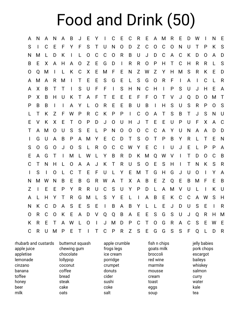 Food And Drink 50 Word Search WordMint