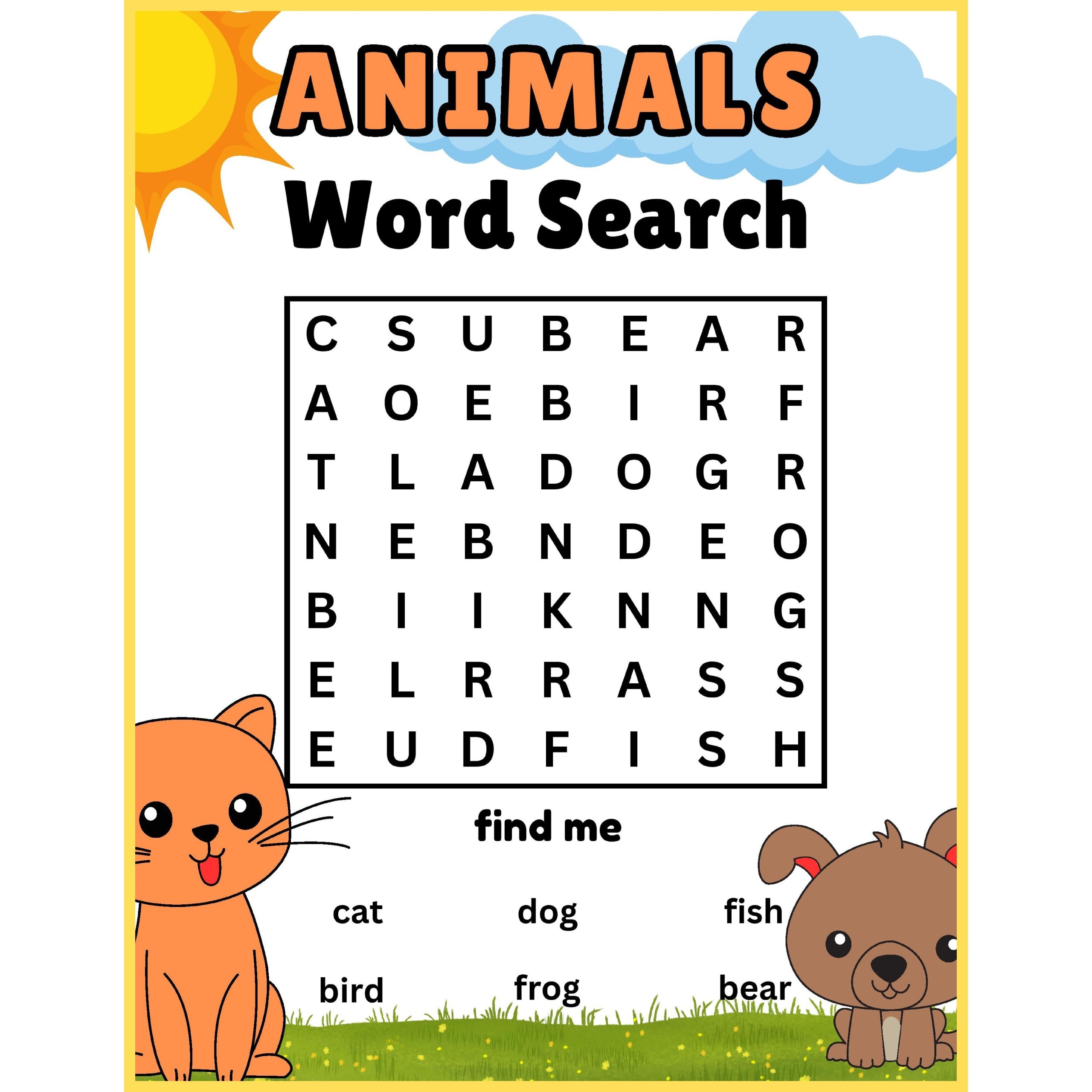 FREE Preschool Kindergarten Animals Word Search Puzzle Worksheet 