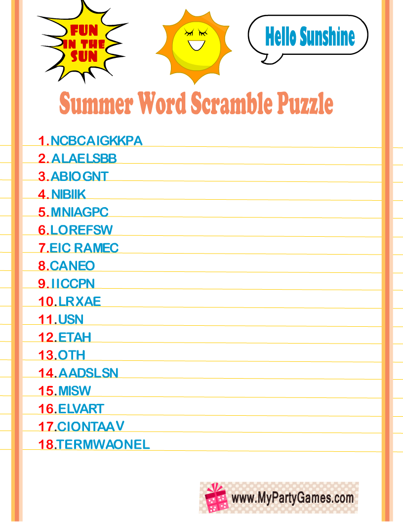 Free Printable Summer Word Scramble Puzzles Worksheets Library