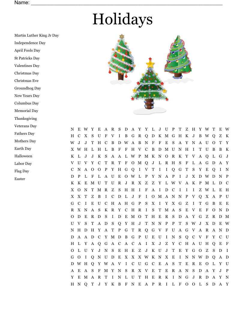 Holidays Word Search WordMint Holidays Word Search WordMint
