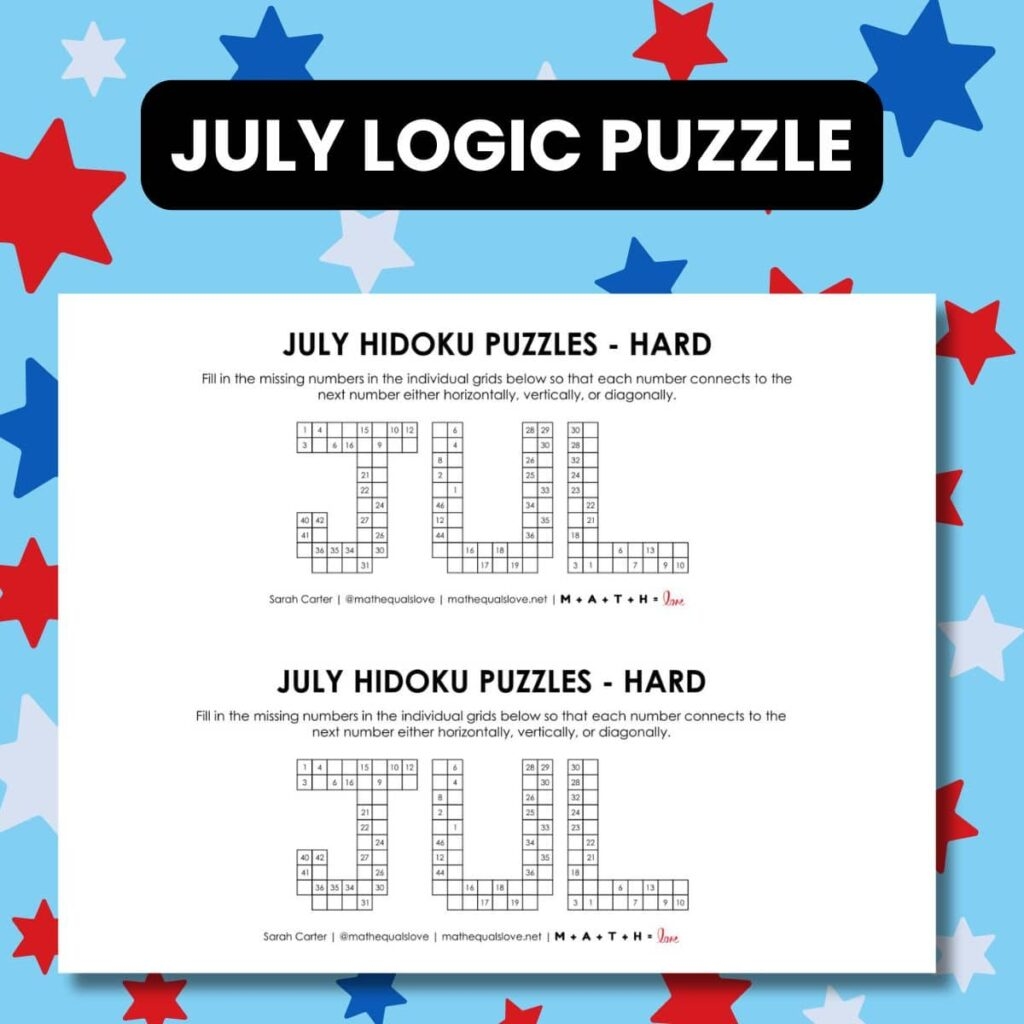 July Hidoku Logic Puzzles Free PDF 
