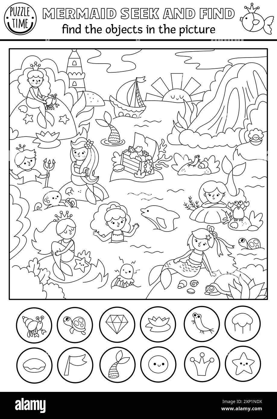 Mermaid Vector Black And White Searching Game With Sea Lagoon Landscape Spot Hidden Objects Coloring Page Ocean Kingdom Seek And Find Printable Acti Stock Vector Image U0026 Art Alamy