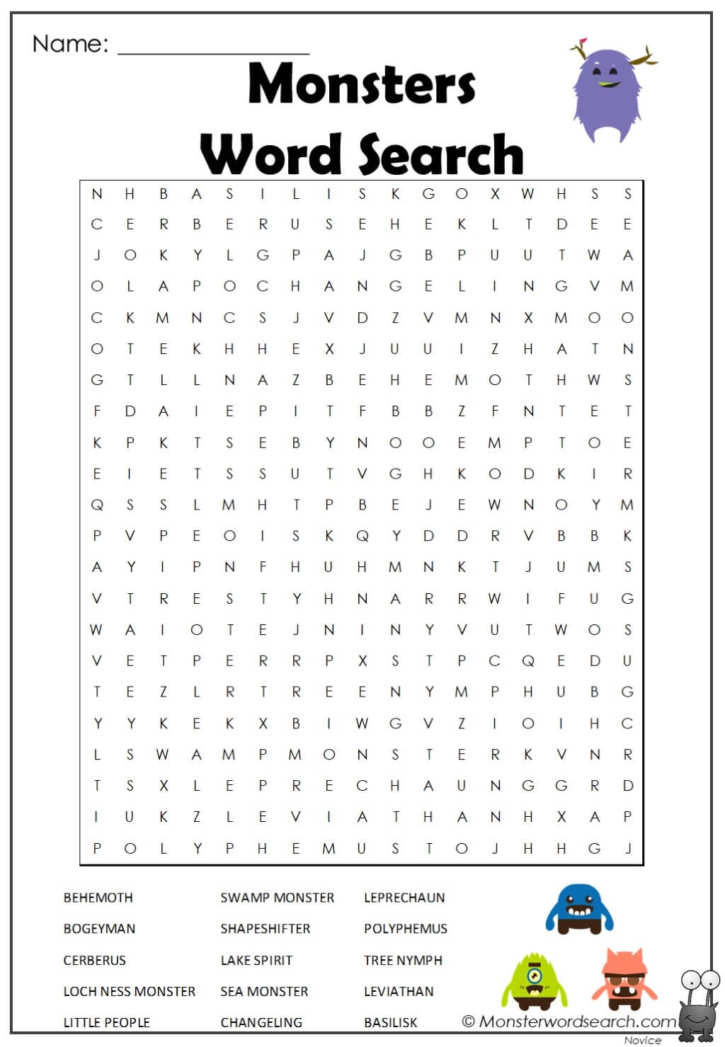 Monsters Word Search Monster Word Search