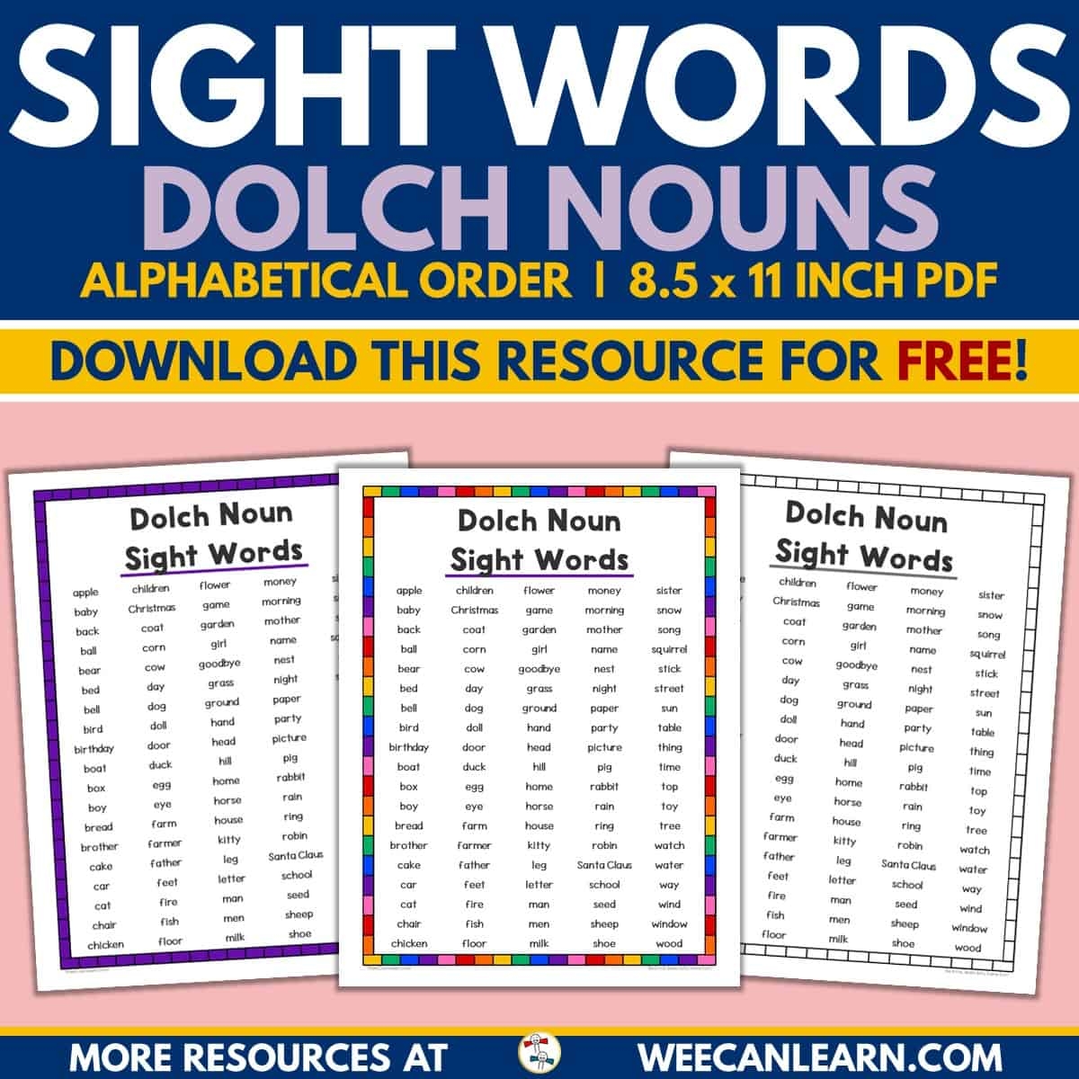 Noun Dolch Sight Word List Alphabetical FREE Download 