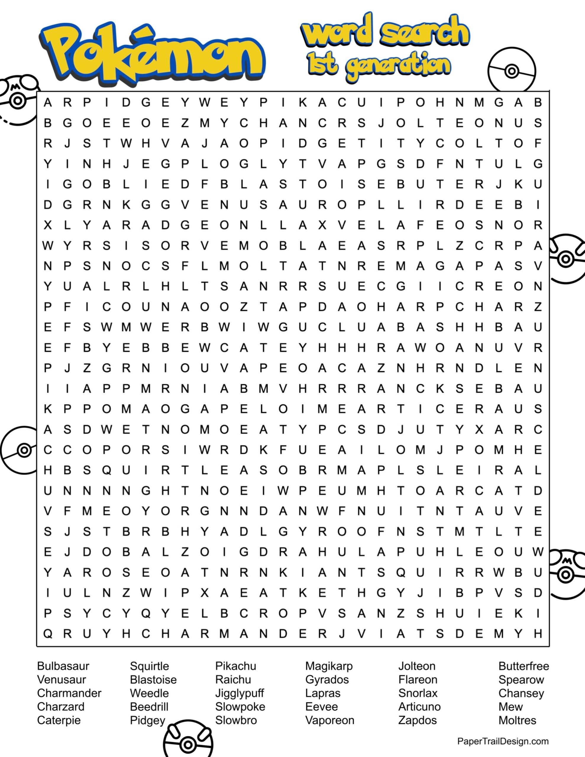 Pok mon Word Search Printable Paper Trail Design Worksheets Library