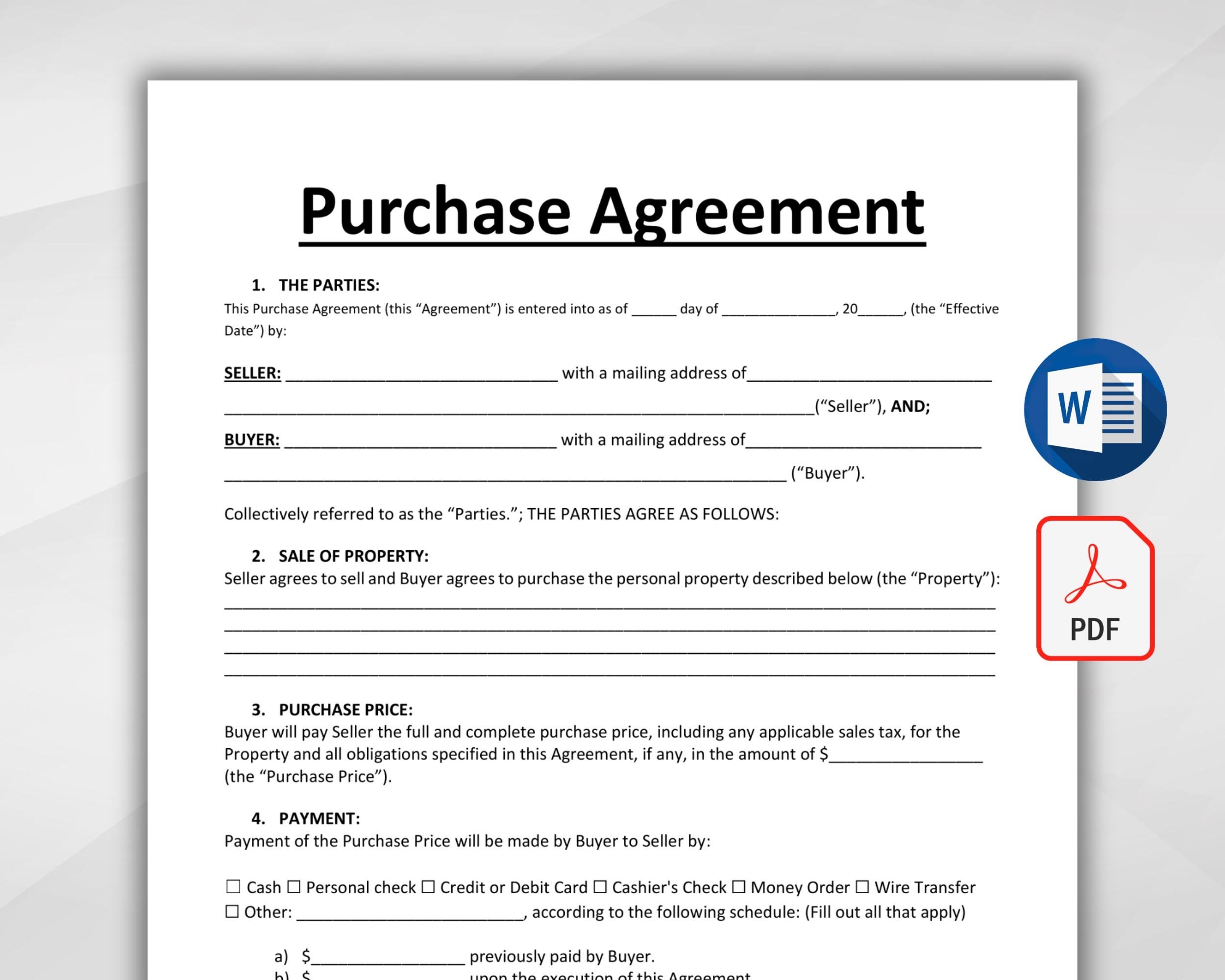 Printable Purchase Agreement Template Editable Purchase And Sale Contract Contract Of Sales Property Purchase Agreement PDF U0026 MS Word Etsy