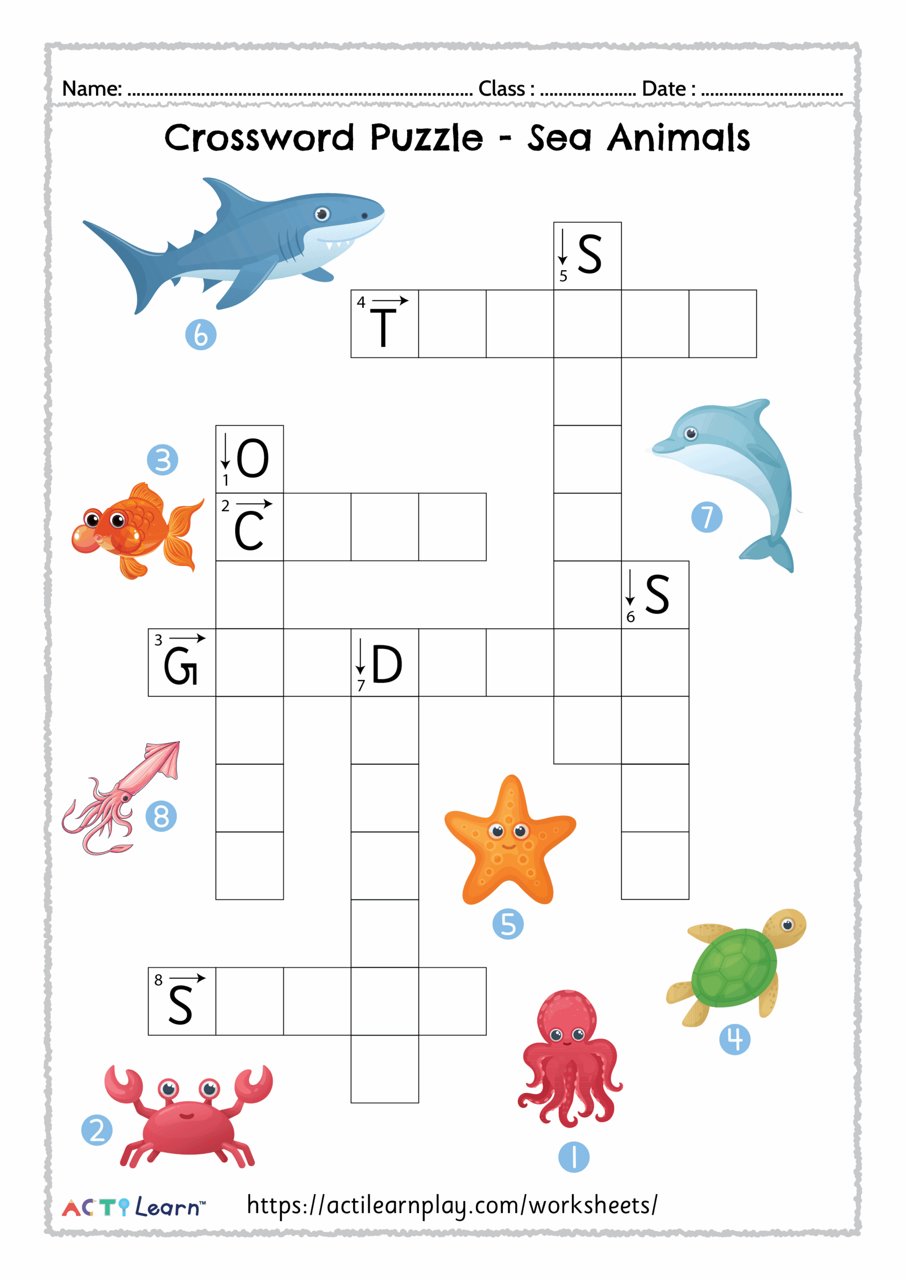Printable Sea Animals Crossword Puzzle Marine Activity