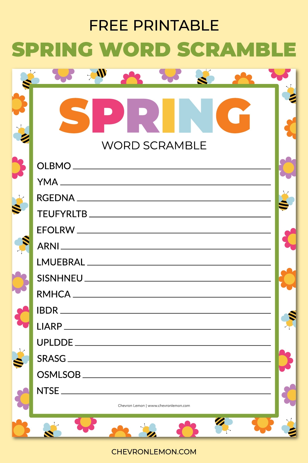 Printable Spring Word Scramble Chevron Lemon
