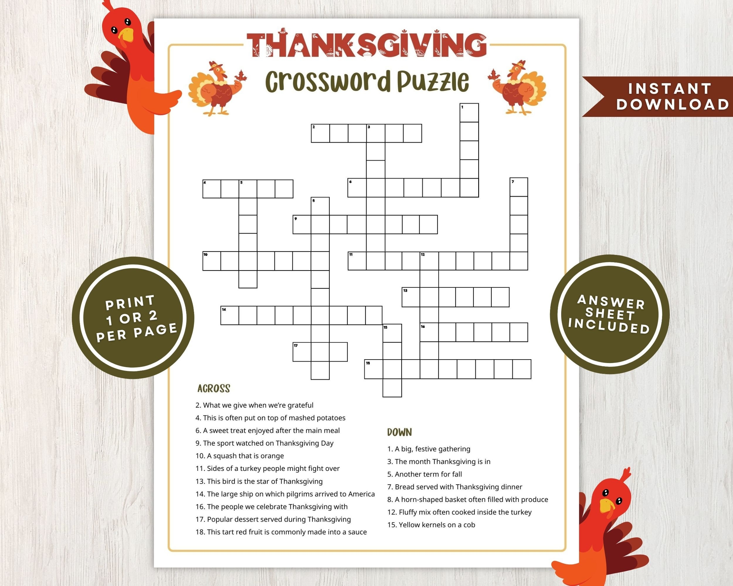 Printable Thanksgiving Crossword Puzzle For Kids And Adults 