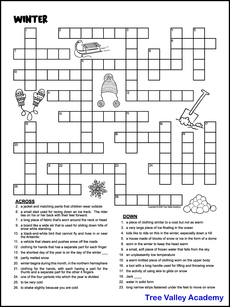 Printable Winter Crossword Puzzles For Kids Tree Valley Academy
