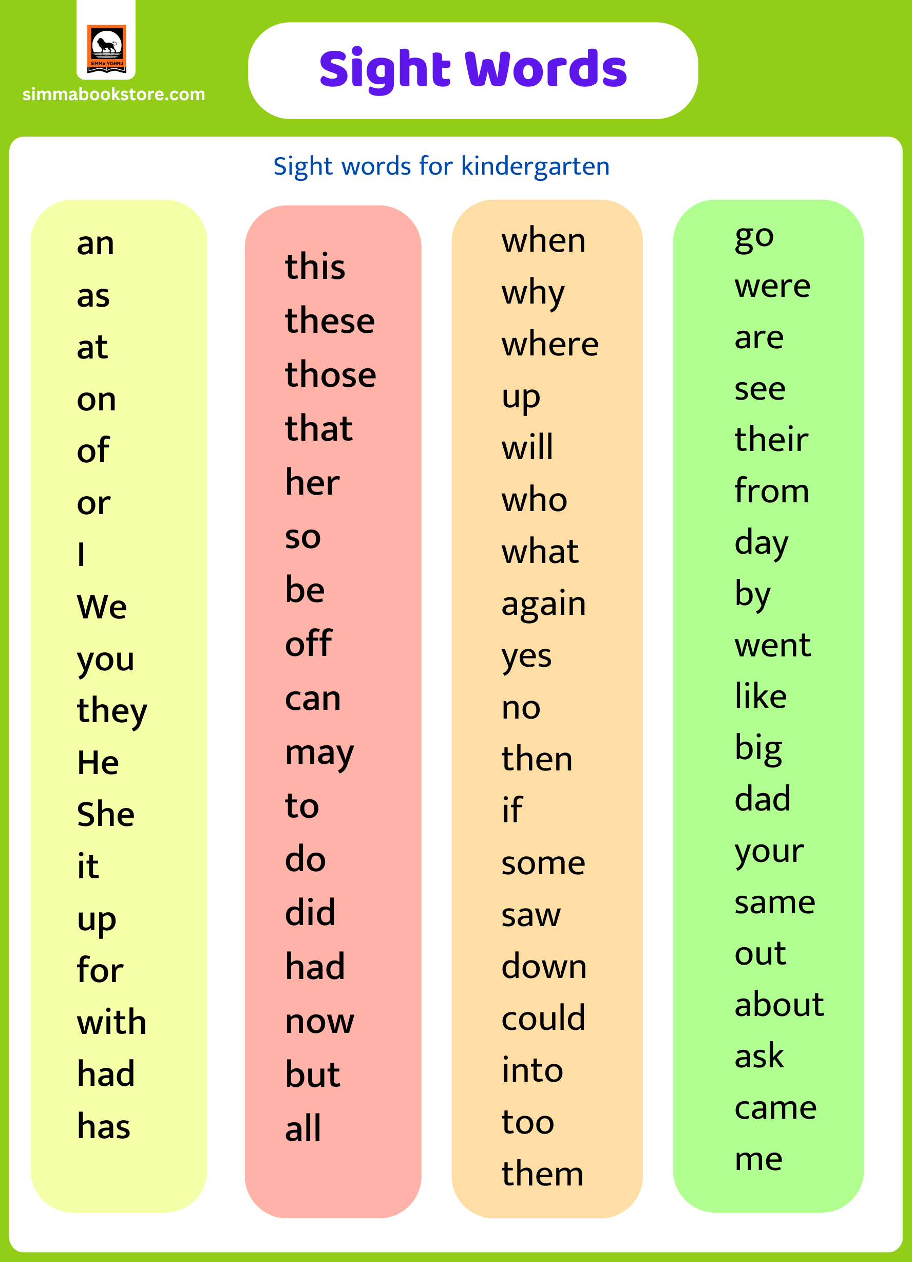 Sight Words For Kindergarten English Sight Words List Printable