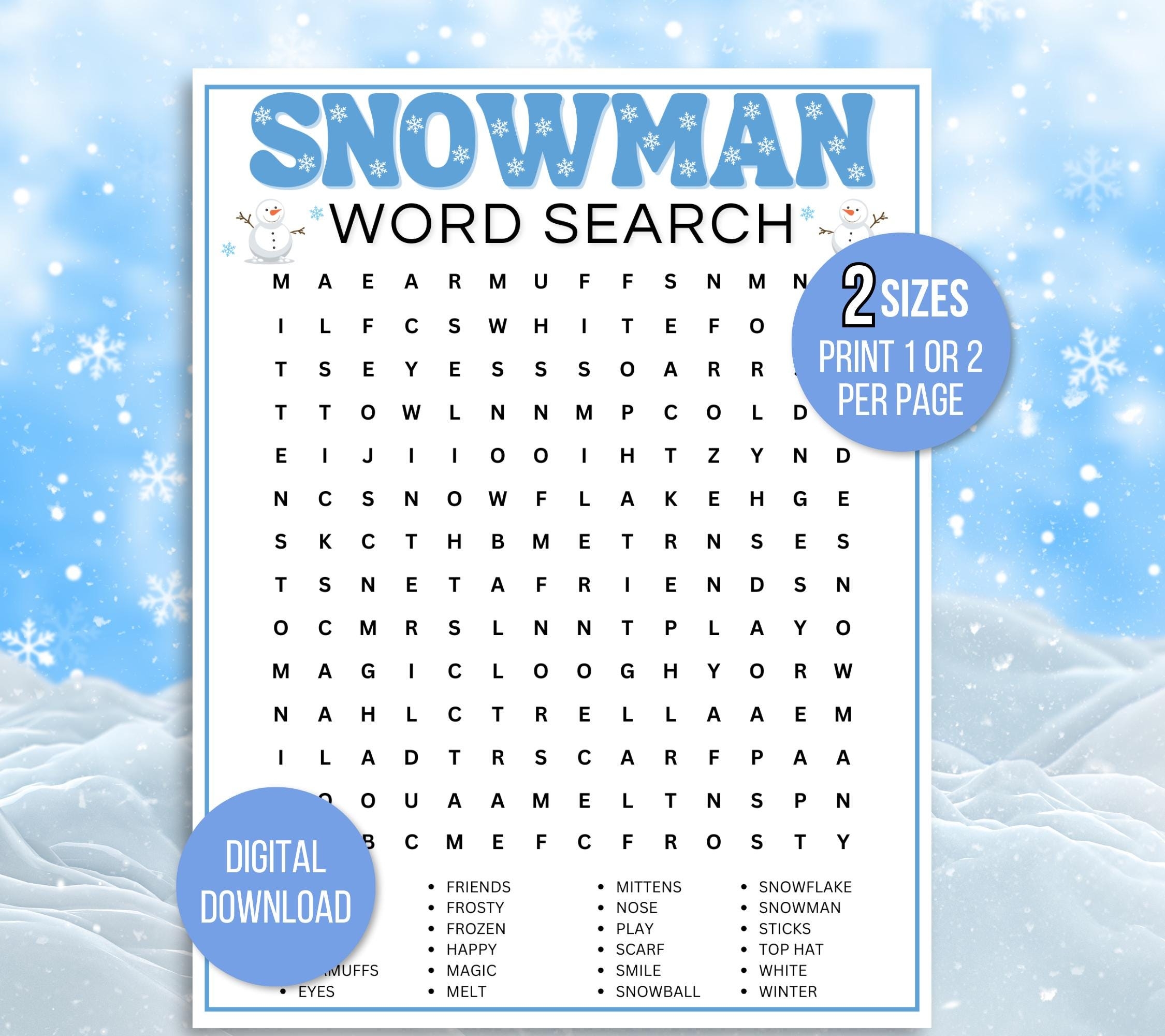 Snowman Word Search Fun Snowman Game Printable Snowman Game 