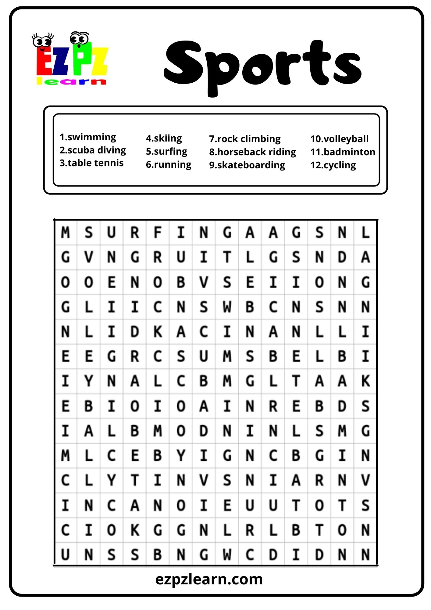 Sports Word Search 1 Ezpzlearn