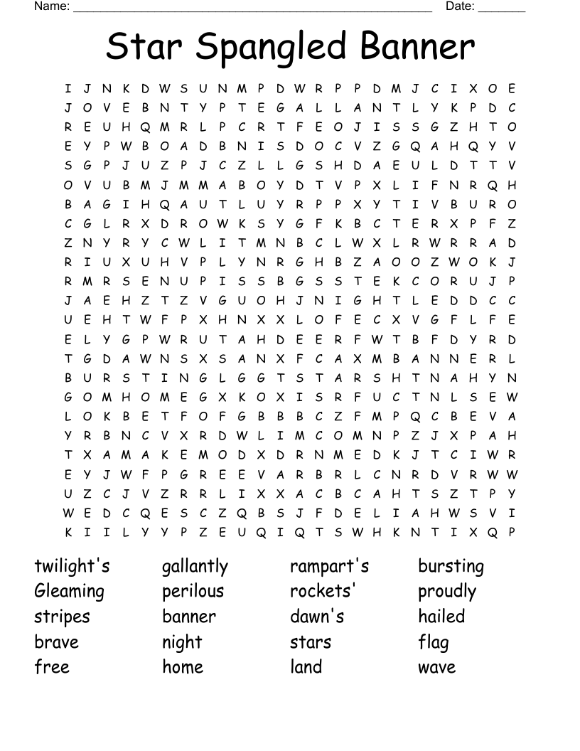 Star Spangled Banner Word Search WordMint