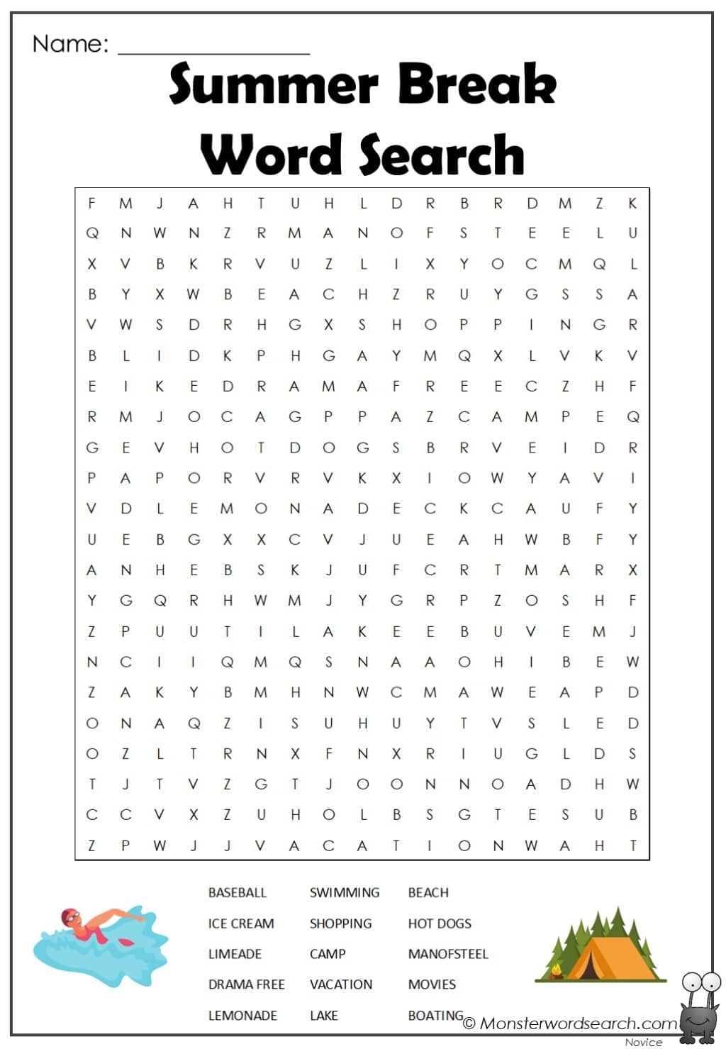 Summer Break Word Search Monster Word Search