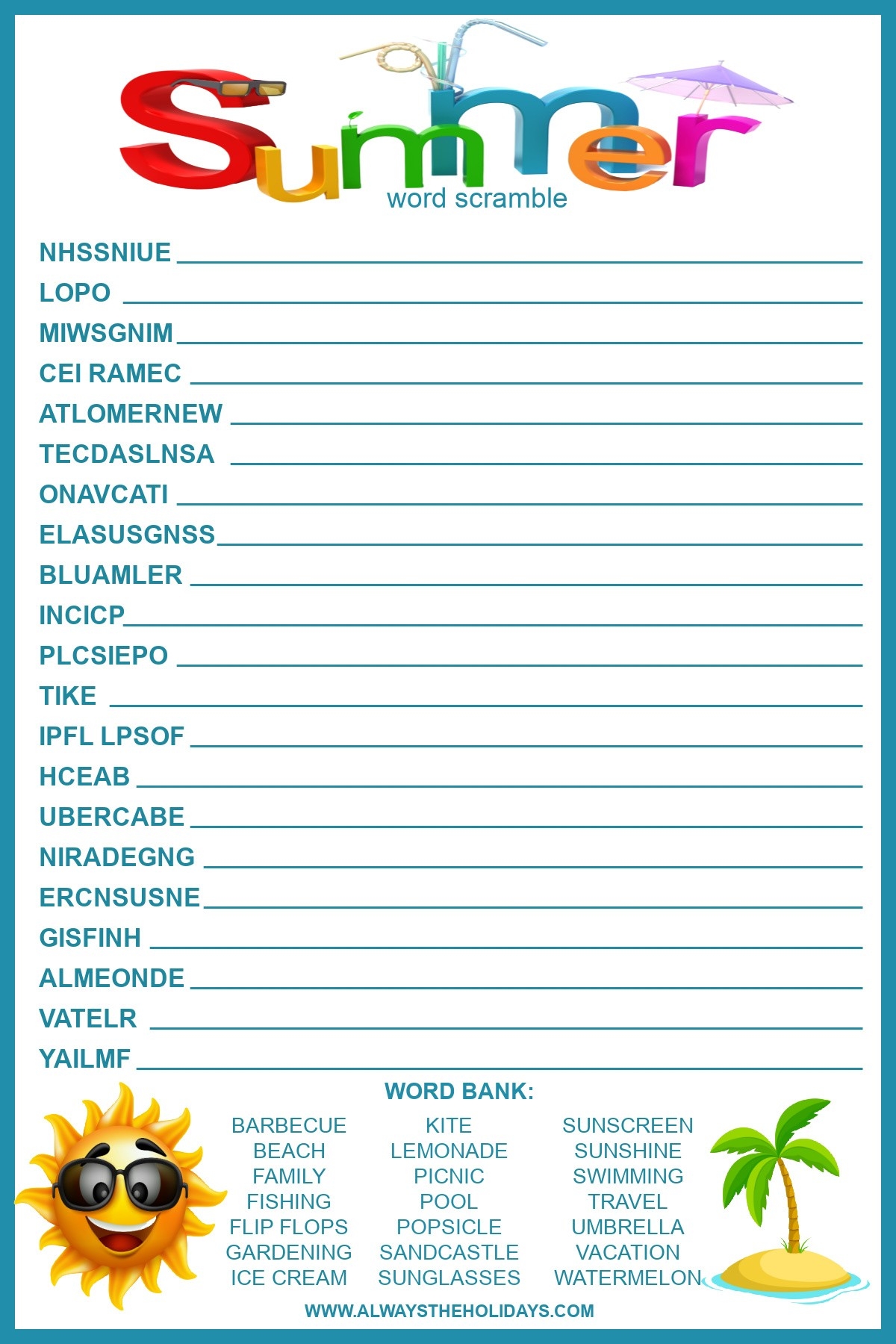 Summer Word Scramble With Answers Free Printable For Kids