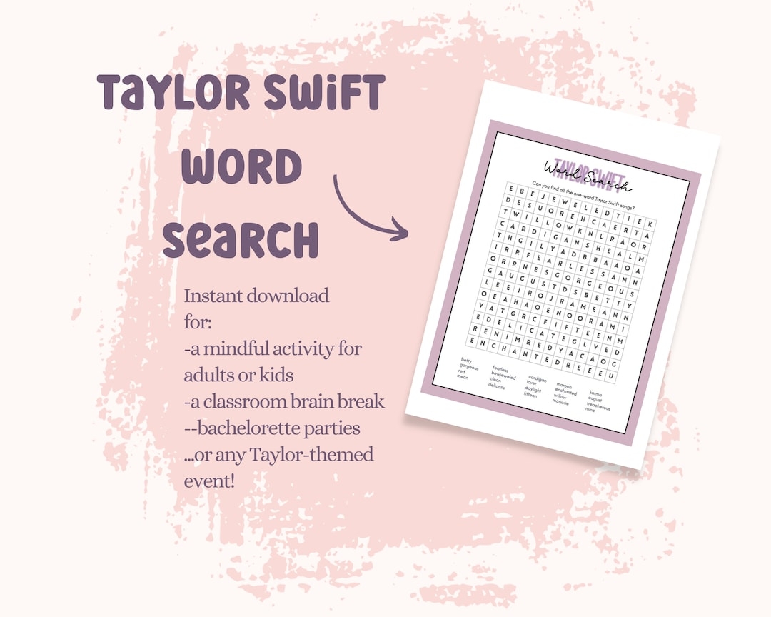 Taylor Swift Word Search Printable Word Search Swiftie Songs 