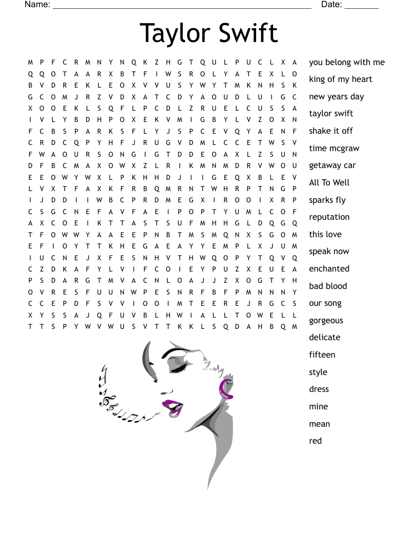Taylor Swift Word Search WordMint