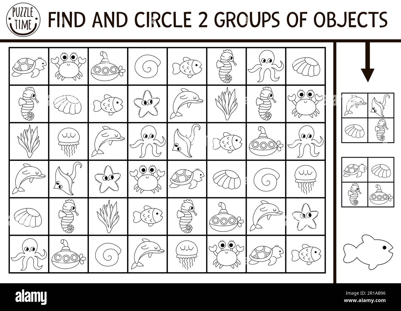 Under The Sea Black And White Seek And Find Game With Traditional Symbols Attention Skills Training Puzzle Ocean Printable Line Activity For Kids W Stock Vector Image U0026 Art Alamy