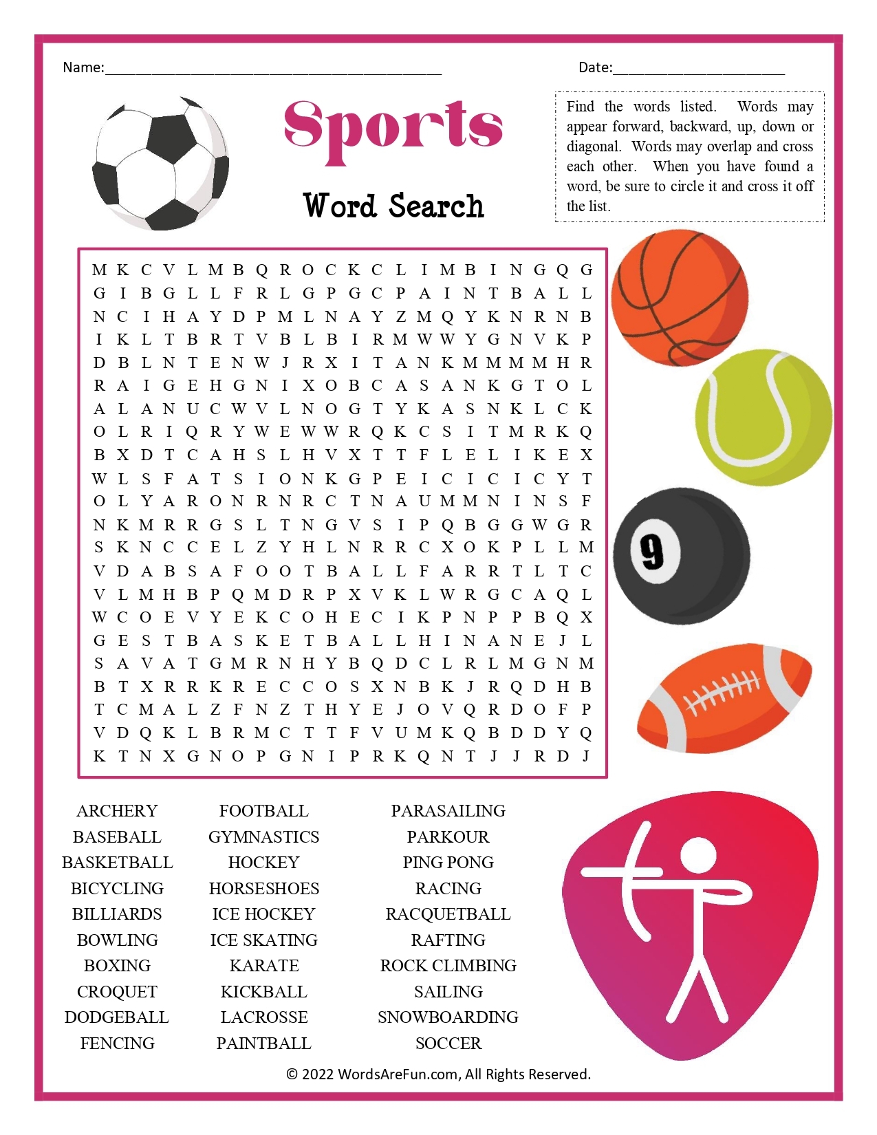 Word Search For Kids Sports