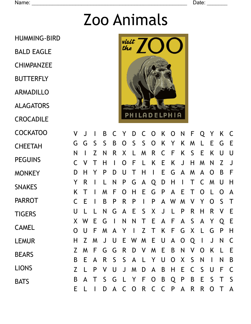 Zoo Animals Word Search WordMint